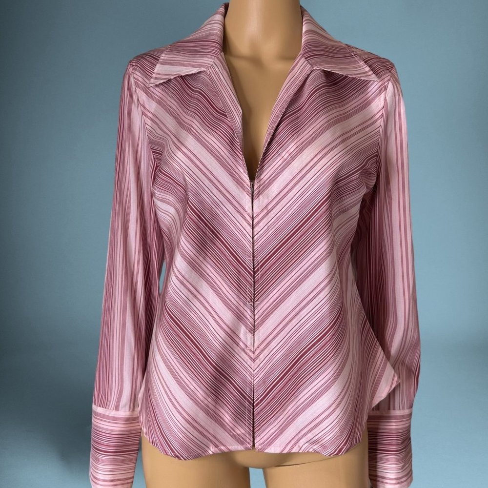 Andrew & Co. Women’s Shirt-Blouse Pink-Burgundy Large Stripes Stretch Collared